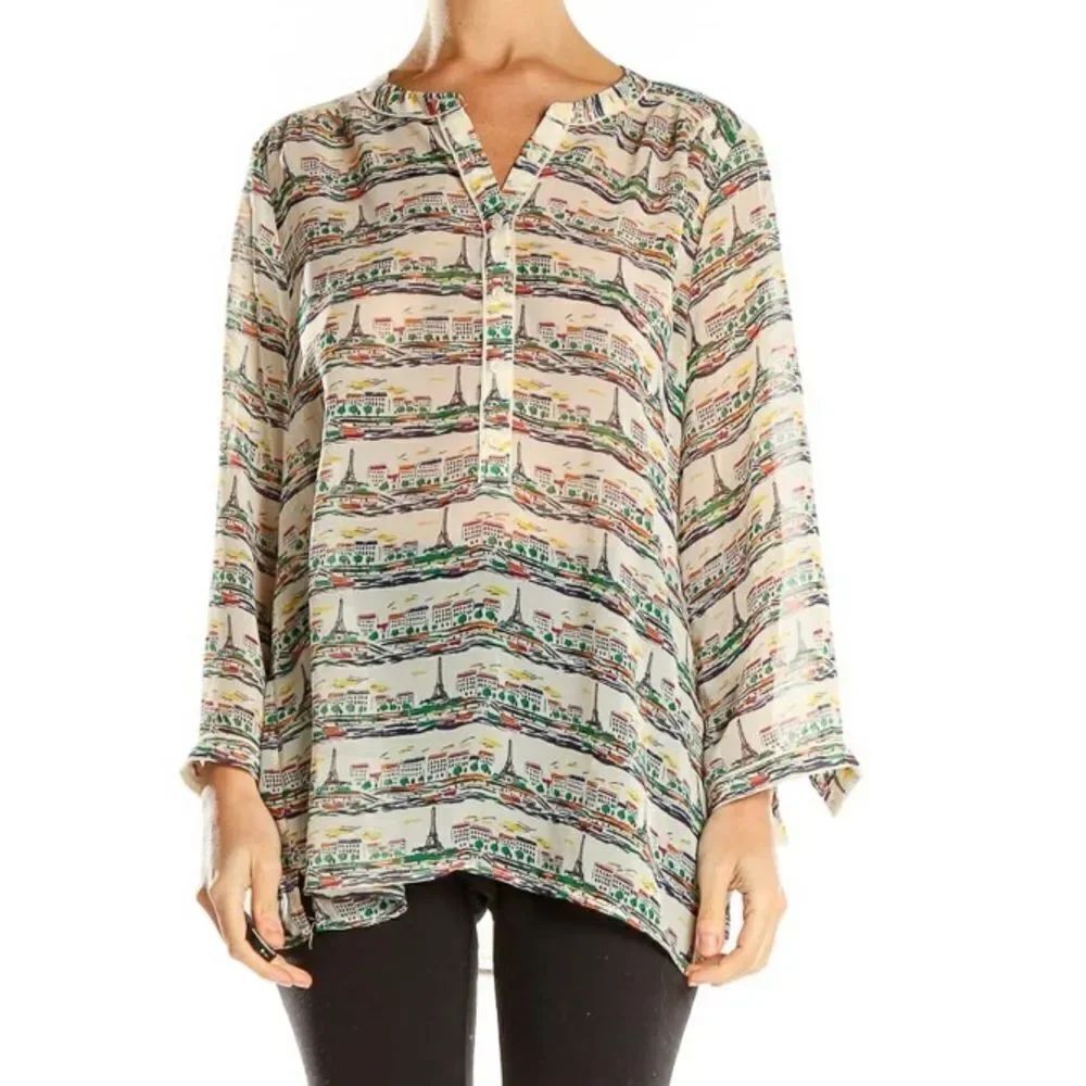 BR L Paris City Scapes Quarter Sleeve Six Button Front Sheer Casual Blouse